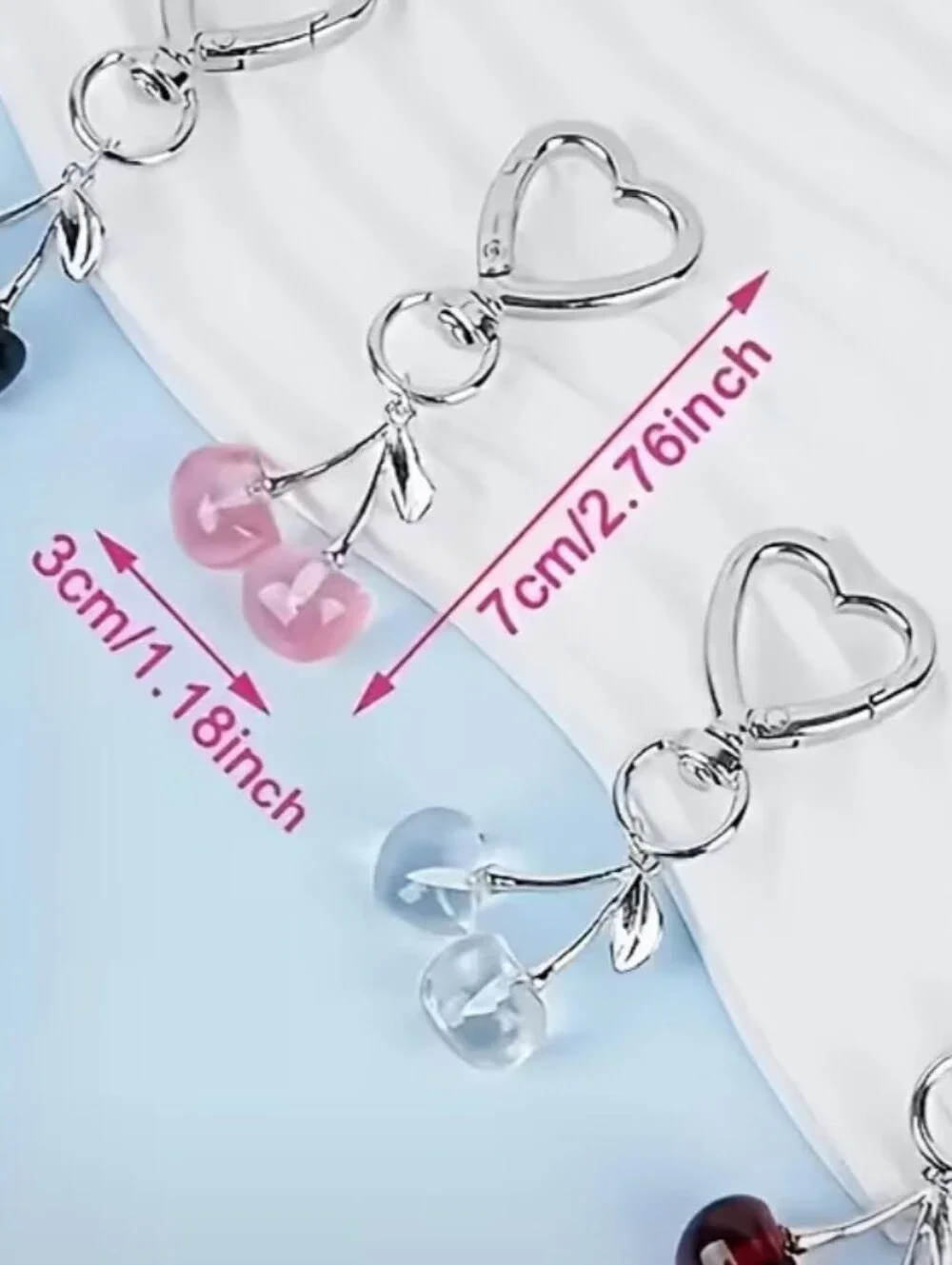 Silver Heart Key Ring Keychain with Clear Cherry Charms